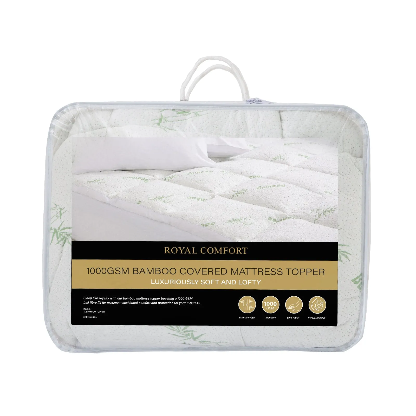 1000GSM Luxury Bamboo Covered Mattress Topper Ball Fibre Gusset | Queen | White