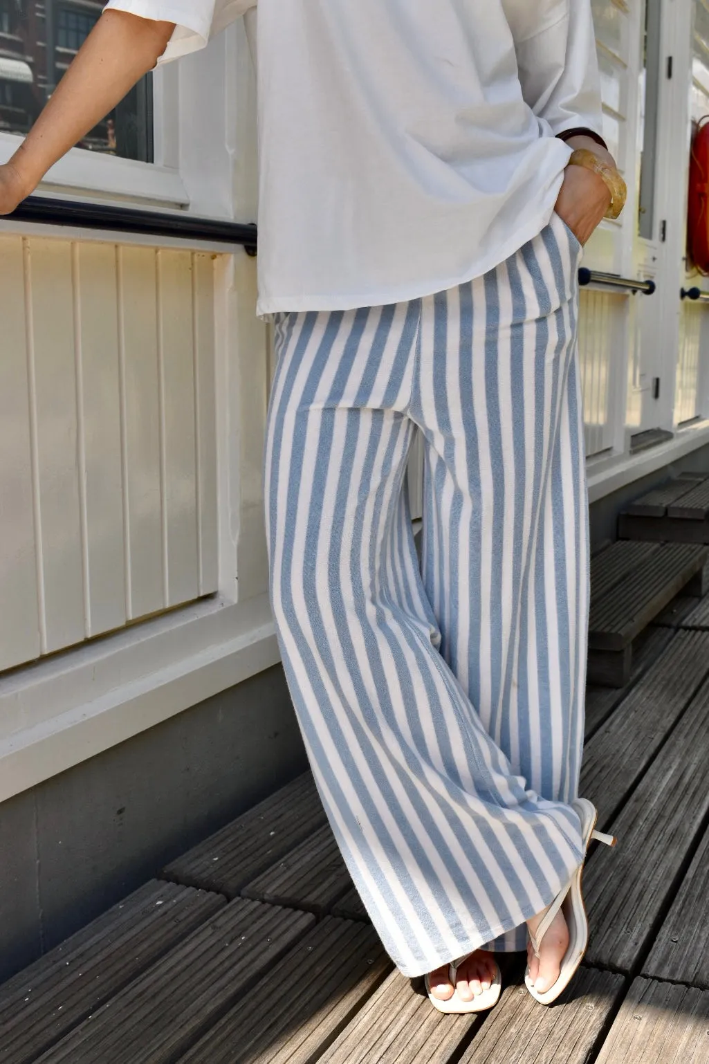 Badstof gestreepte broek - Blauw/wit