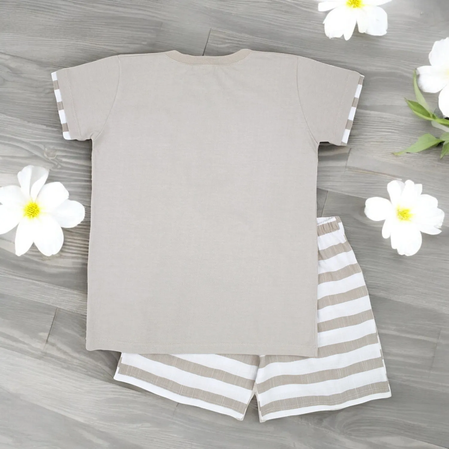 Camel & White Stripe T-Shirt & Shorts Set