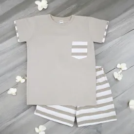 Camel & White Stripe T-Shirt & Shorts Set