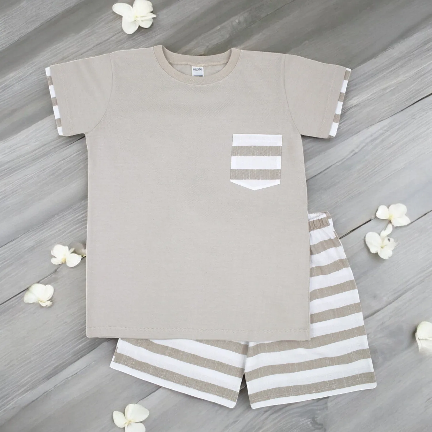 Camel & White Stripe T-Shirt & Shorts Set