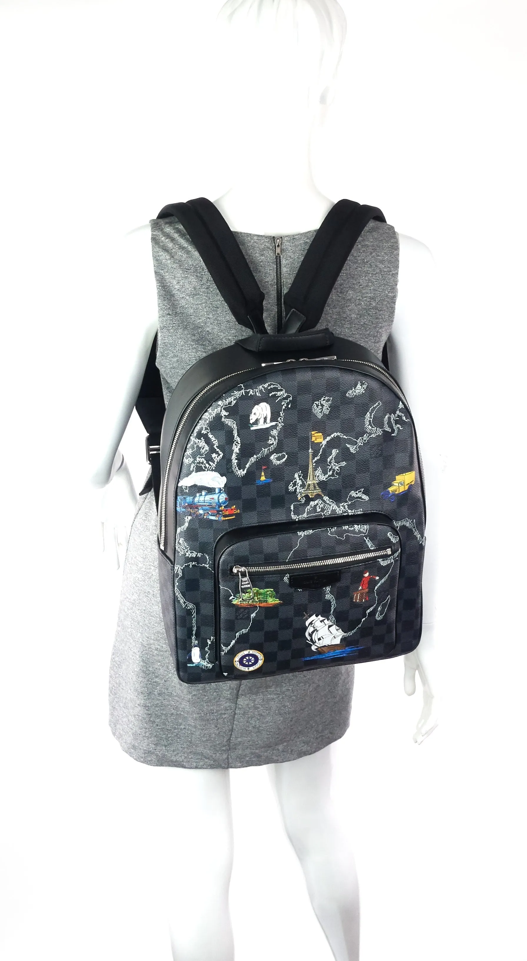 Josh World Map Damier Graphite Canvas Backpack