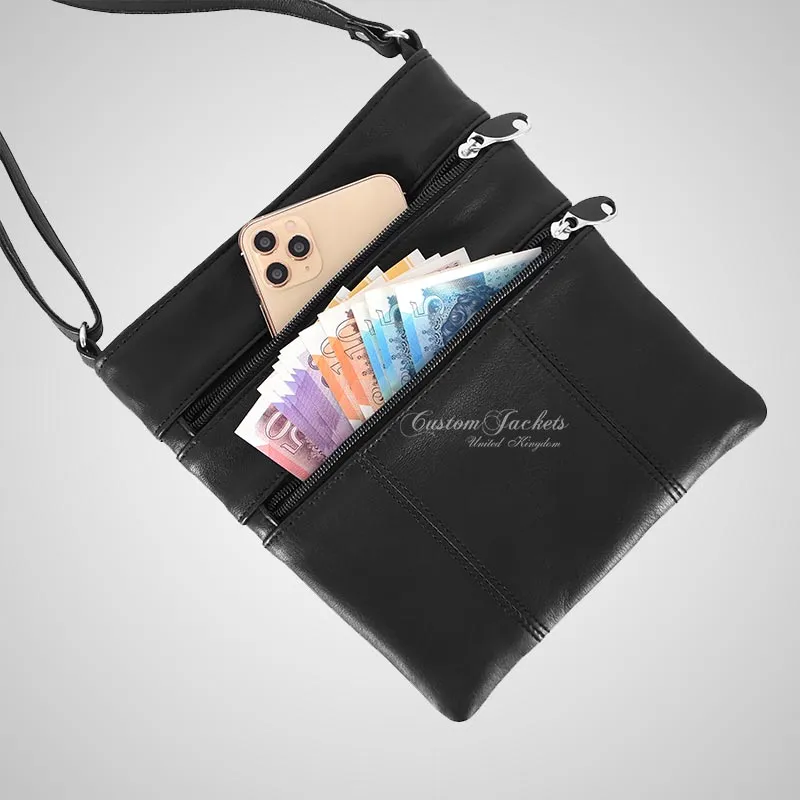 Ladies Leather Crossbody Bag Black Long Strap Slim Travel Bag