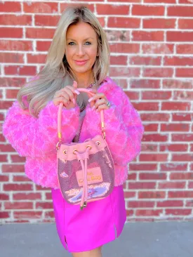 Leather & Sparkles Bucket Bag Tote Purse - Pink