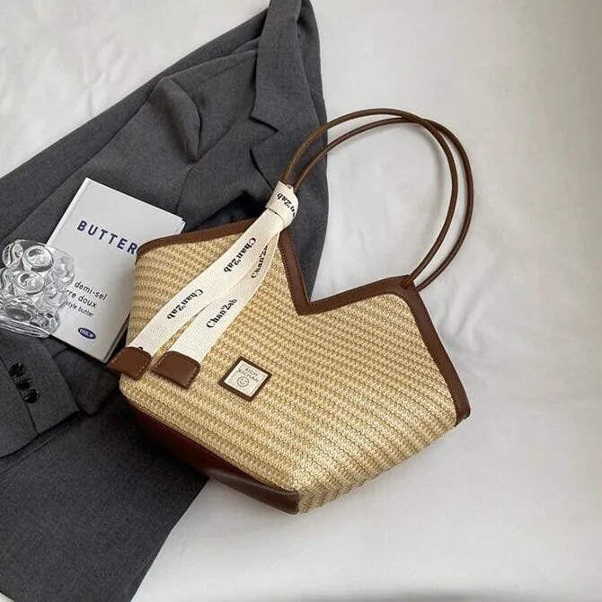 Minimalist Handwoven Straw Bag, Leather Straps Shoulder Bag, Summer Basket Handbag, Beach Market Bag, Woven Tote Bag for Women, Elegant Bag