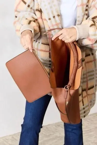 SHOMICO Elegant Vegan Leather Braided Handle Handbag with Pouch