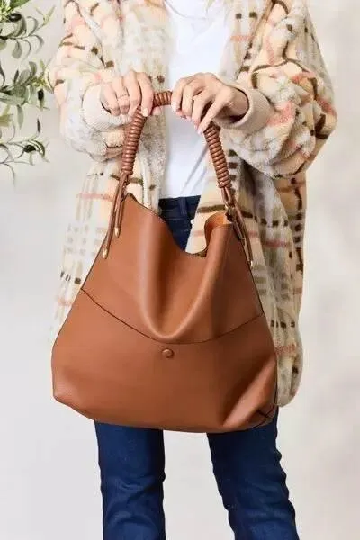 SHOMICO Elegant Vegan Leather Braided Handle Handbag with Pouch
