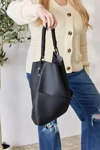 SHOMICO Elegant Vegan Leather Braided Handle Handbag with Pouch