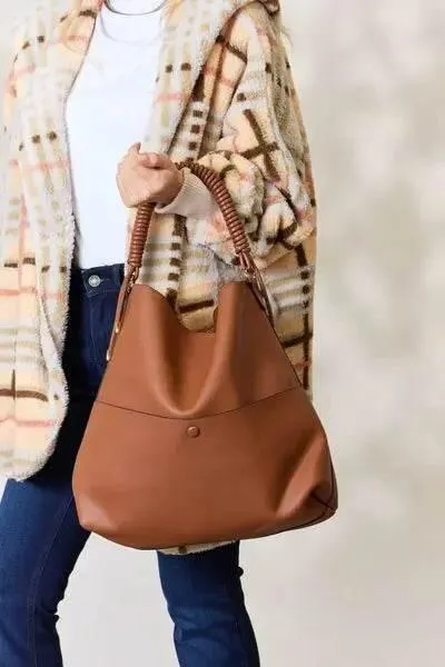 SHOMICO Elegant Vegan Leather Braided Handle Handbag with Pouch