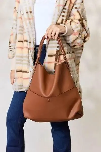 SHOMICO Elegant Vegan Leather Braided Handle Handbag with Pouch