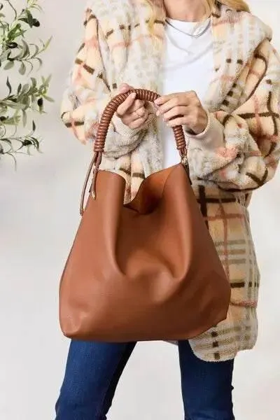 SHOMICO Elegant Vegan Leather Braided Handle Handbag with Pouch