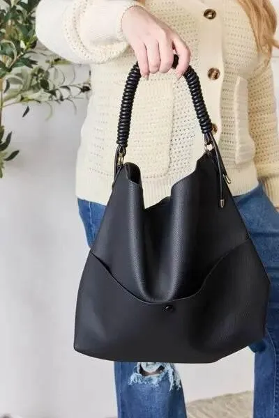 SHOMICO Elegant Vegan Leather Braided Handle Handbag with Pouch