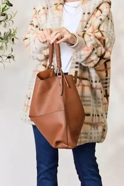 SHOMICO Elegant Vegan Leather Braided Handle Handbag with Pouch