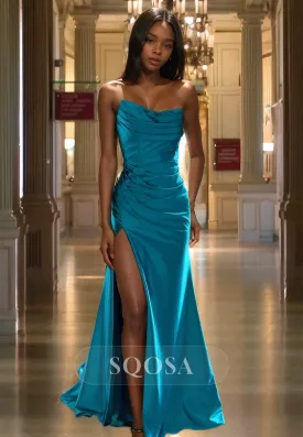 Simple Tube Top Sleeveless Satin Mermaid Prom Dress Pleated Slit Sweep Train Formal Gowns