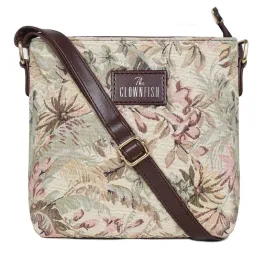THE CLOWNFISH Flavia Series Sling for Women Tapestry Fabric & Faux leather Casual Ladies Single Shoulder Bag For Women Crossbody Bag for College Girls (Flax)