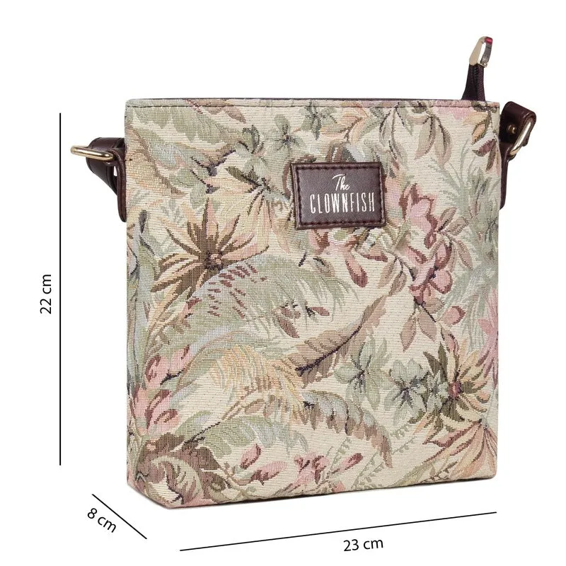 THE CLOWNFISH Flavia Series Sling for Women Tapestry Fabric & Faux leather Casual Ladies Single Shoulder Bag For Women Crossbody Bag for College Girls (Flax)