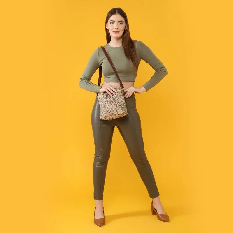 THE CLOWNFISH Flavia Series Sling for Women Tapestry Fabric & Faux leather Casual Ladies Single Shoulder Bag For Women Crossbody Bag for College Girls (Flax)
