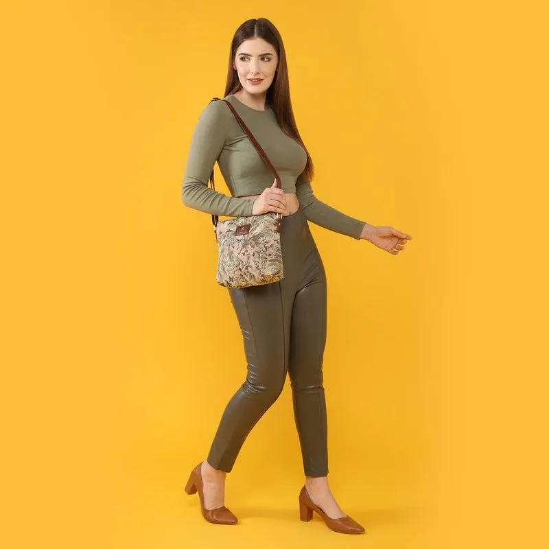 THE CLOWNFISH Flavia Series Sling for Women Tapestry Fabric & Faux leather Casual Ladies Single Shoulder Bag For Women Crossbody Bag for College Girls (Flax)