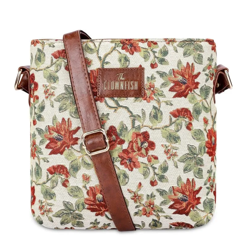 THE CLOWNFISH Linda Series Sling for Women Casual Ladies Single Shoulder Bag For Women Crossbody Bag for College Girls (Off White-Floral)