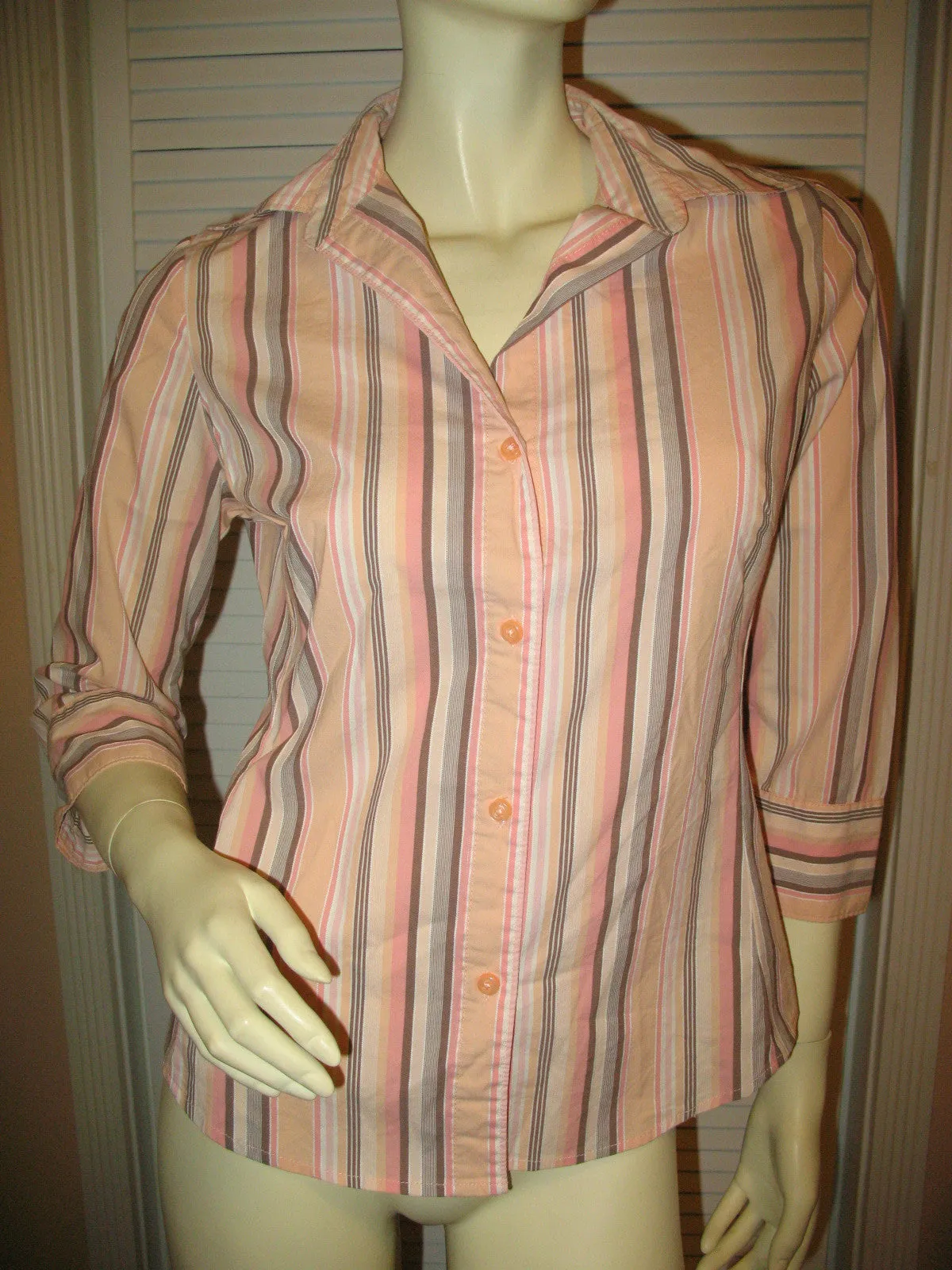 Womens Tops PEACH Pink BROWN STRIPE STRIPED Pattern Collar Collared 3/4 Sleeve Button Down Career Office Wear TOP Small