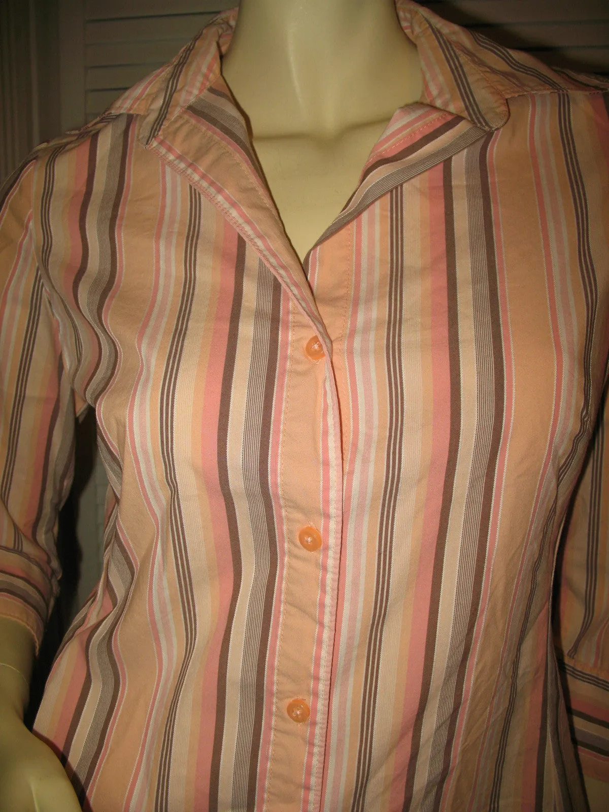 Womens Tops PEACH Pink BROWN STRIPE STRIPED Pattern Collar Collared 3/4 Sleeve Button Down Career Office Wear TOP Small