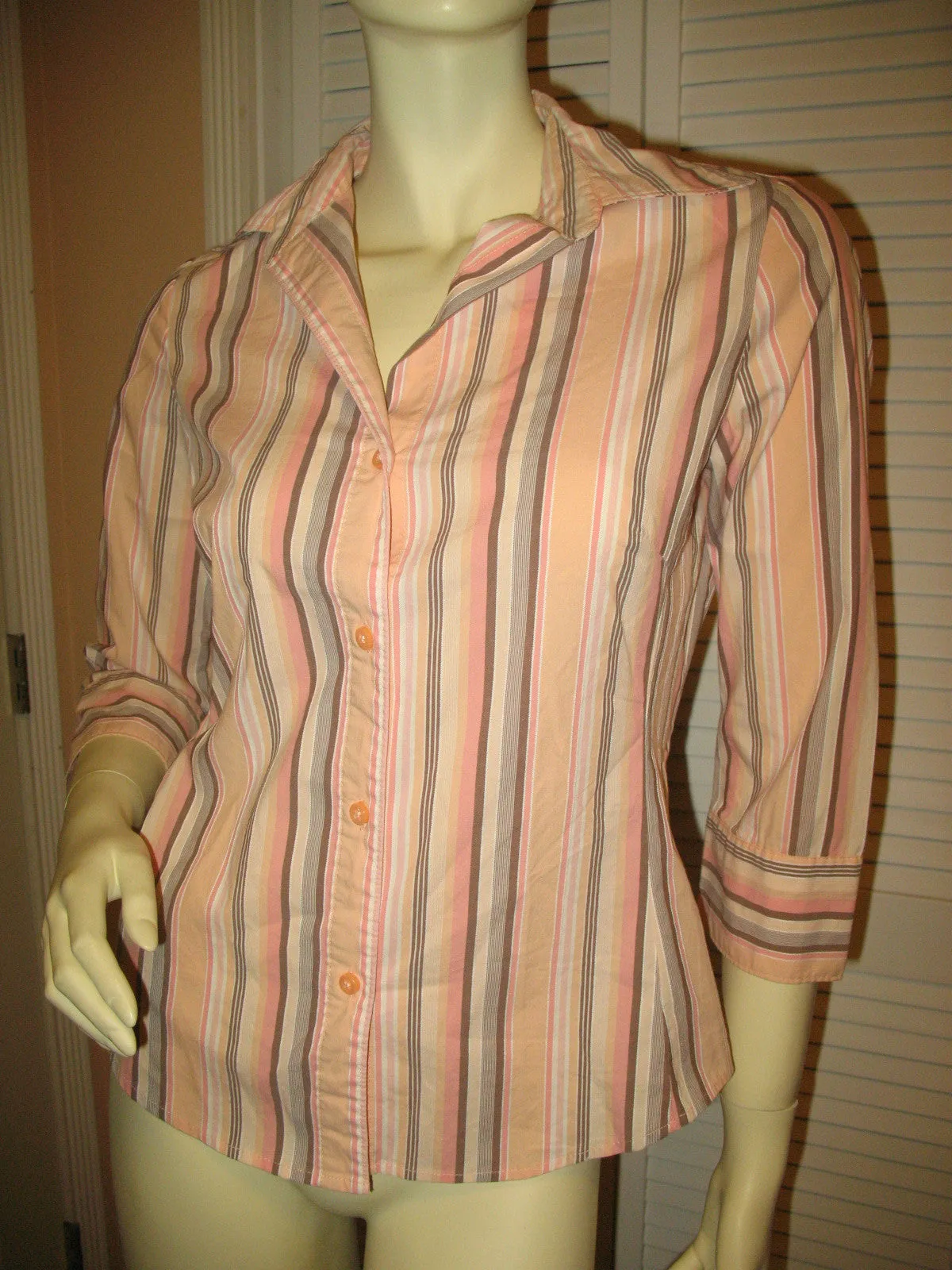 Womens Tops PEACH Pink BROWN STRIPE STRIPED Pattern Collar Collared 3/4 Sleeve Button Down Career Office Wear TOP Small