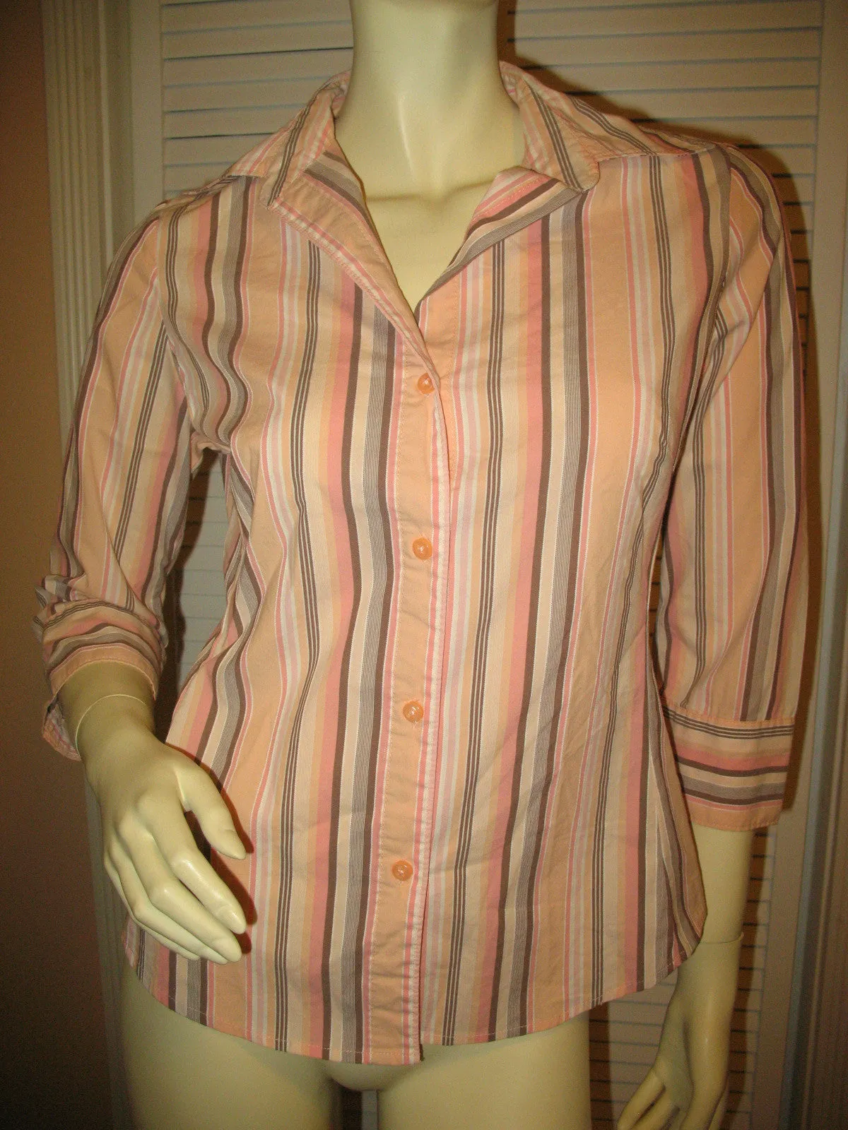 Womens Tops PEACH Pink BROWN STRIPE STRIPED Pattern Collar Collared 3/4 Sleeve Button Down Career Office Wear TOP Small